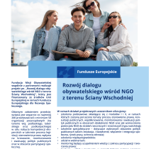 Informacje o projekcie pn. „Rozwój dialogu obywatelskiego wśród NGO z terenu ściany wschodniej” w ramach Programu Fundusze Europejskie dla Rozwoju Społecznego 2021-2027 współfinansowanego z Europejskiego Funduszu Społecznego Plus. 
